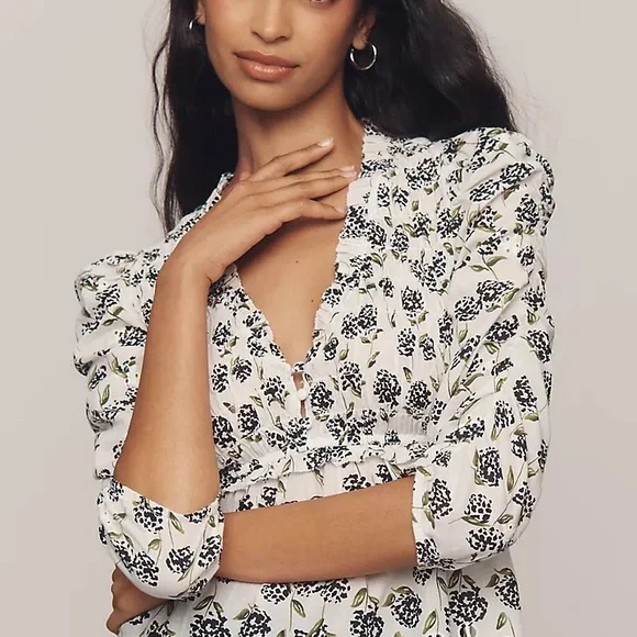 Anthropologie Black and White Floral Smocked Top - Picture 2 of 6